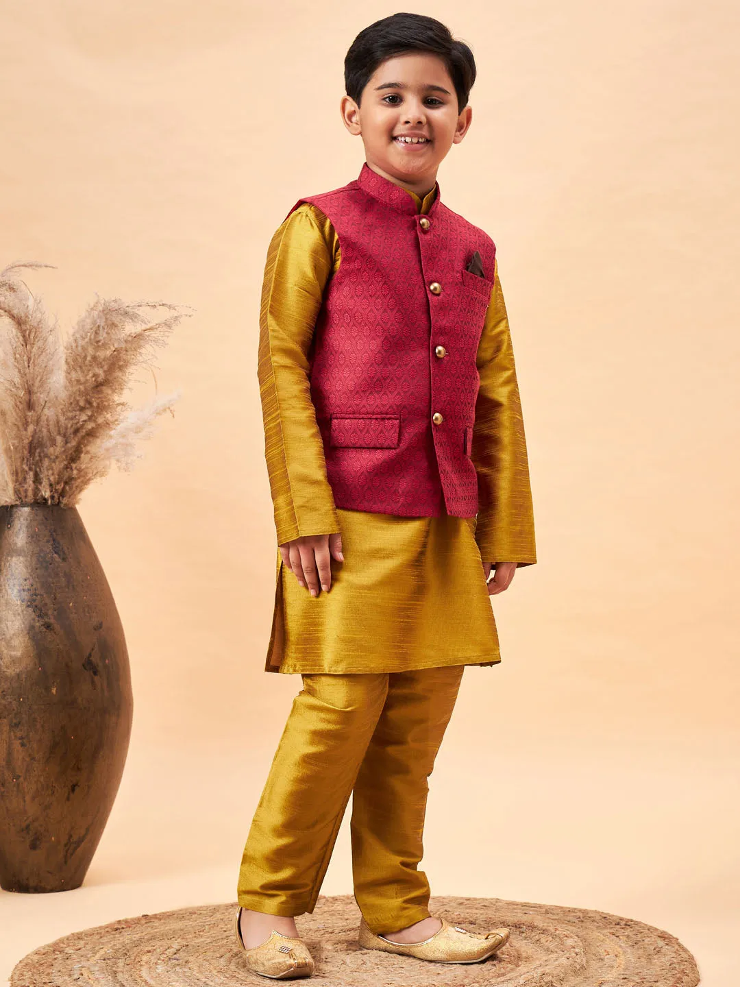 VASTRAMAY Boy's Maroon Woven Jacket With Mustard Kurta and Pyjama Set