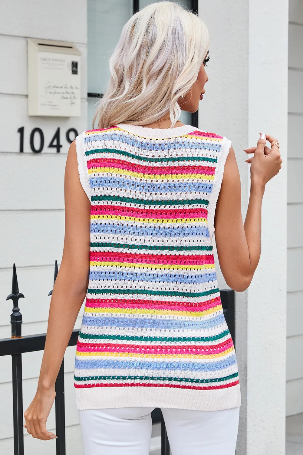 White Colorful Stripe Scalloped Trim Sweater Vest