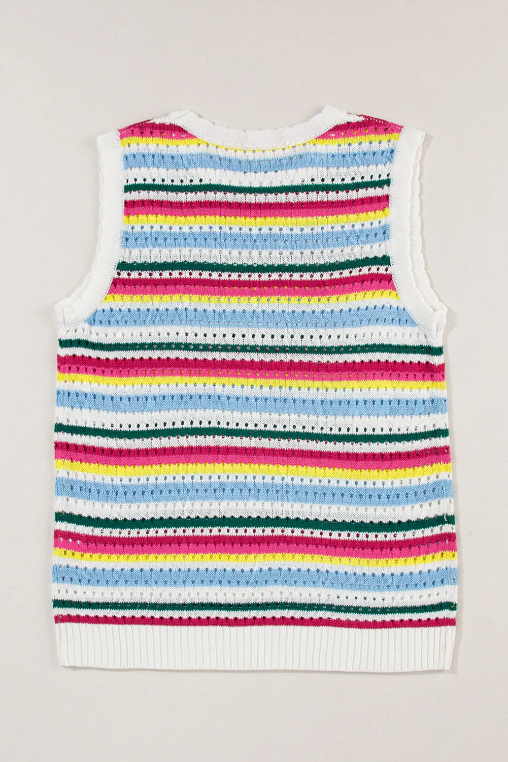 White Colorful Stripe Scalloped Trim Sweater Vest