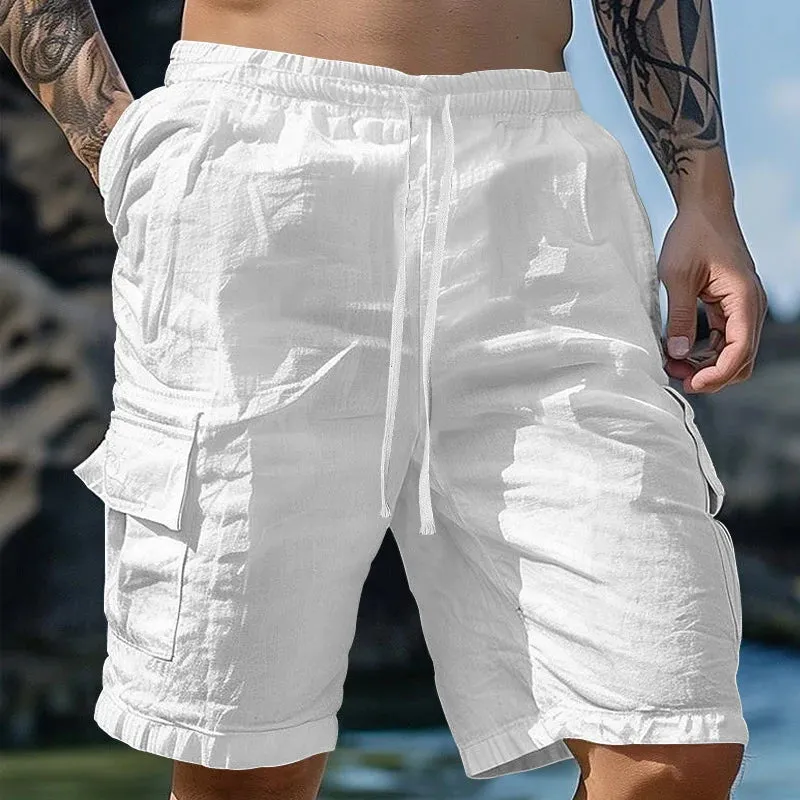 Wiaofellas  -  Summer Elastic Mid Waist Solid Sweatpants Beach Men's Cotton Linen Trouser All Match Man Straight Patch Pockets Cargo Pants