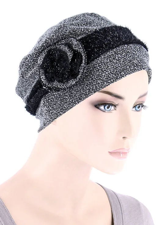 Winter Hat Cap White Black Rosette