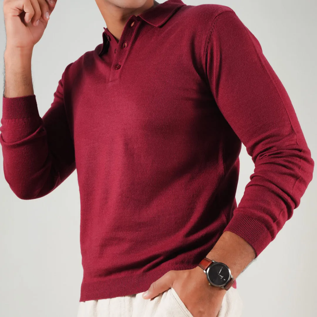 Winter Polo Sweater-Full Sleeves - Maroon