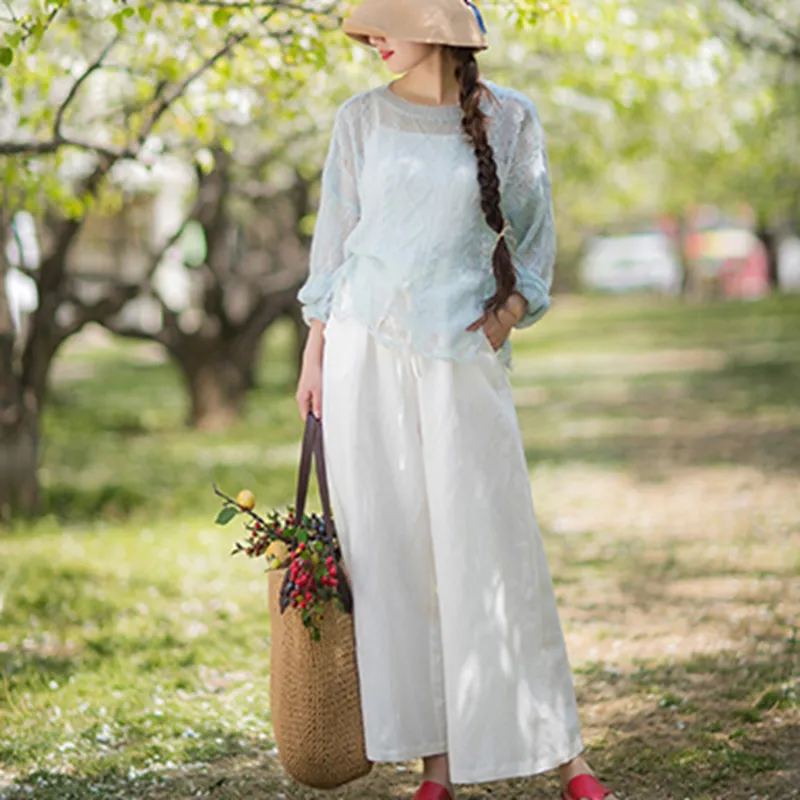 Women White Linen Elastic Waist Wide Leg Pants