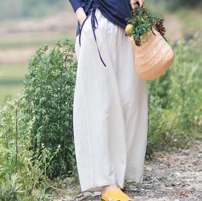 Women White Linen Elastic Waist Wide Leg Pants