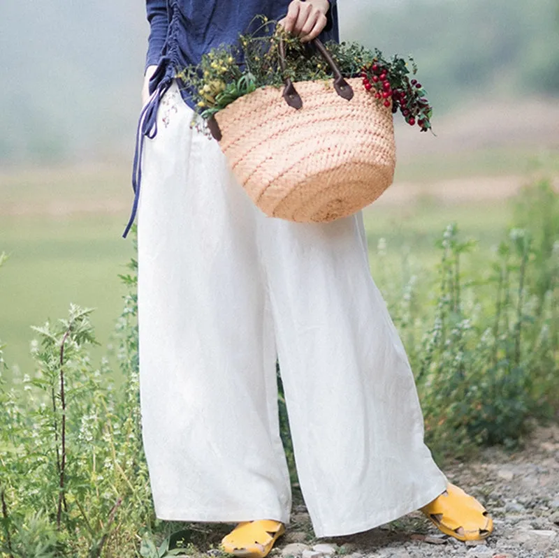 Women White Linen Elastic Waist Wide Leg Pants