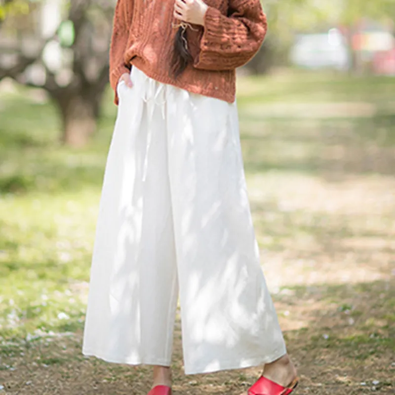 Women White Linen Elastic Waist Wide Leg Pants