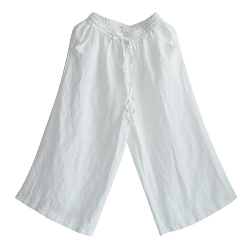 Women White Linen Elastic Waist Wide Leg Pants