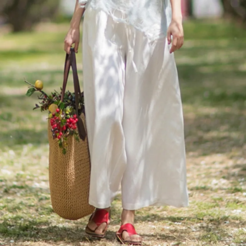 Women White Linen Elastic Waist Wide Leg Pants