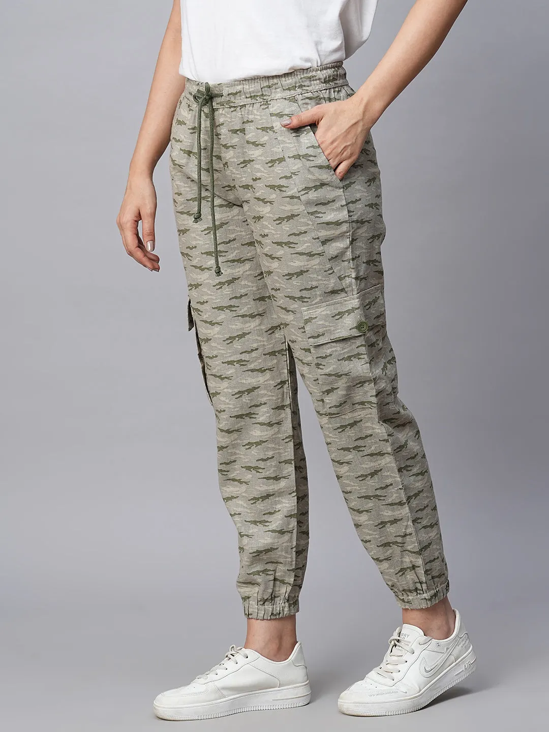 Women's Olive Linen Viscose Regular Fit Pant