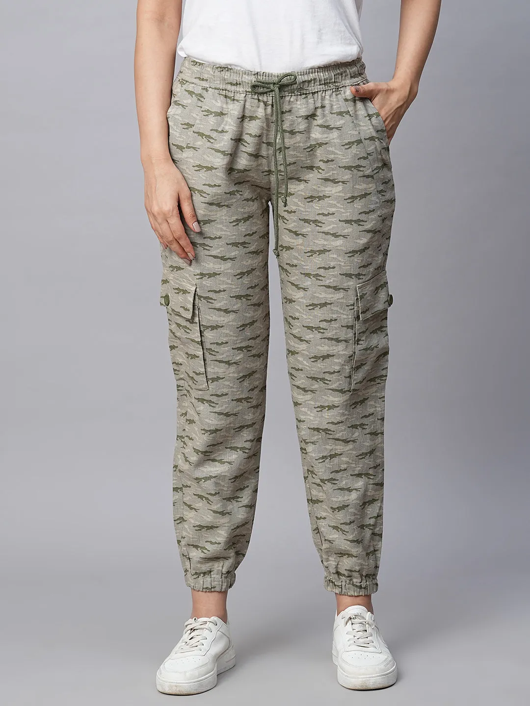 Women's Olive Linen Viscose Regular Fit Pant